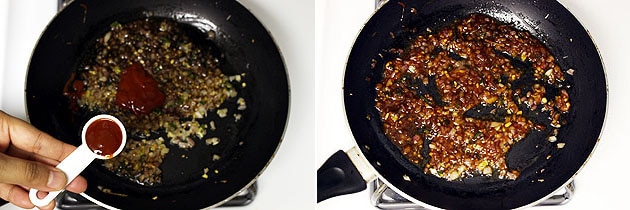 Collage of 2 images showing adding chili sauce and mixed.