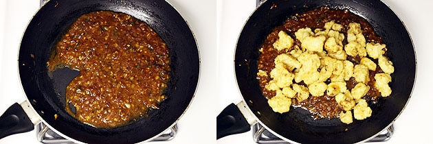 Collage of 2 images showing adding fried florets.