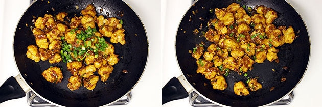 Collage of 2 images showing adding spring onion greens.