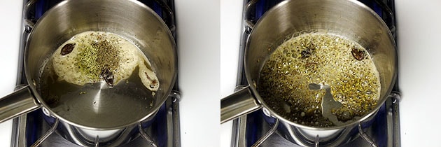 Collage of 2 images showing adding cumin seeds and fennel seeds.
