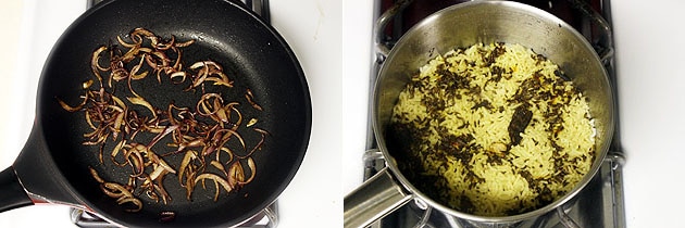 Collage of 2 images showing browned onion and cooked rice.