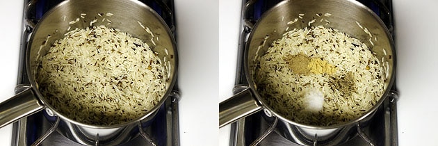 Collage of 2 images showing adding rice and adding spices.