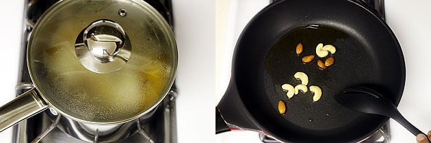 Collage of 2 images showing cooked covered and frying cashew, almonds.