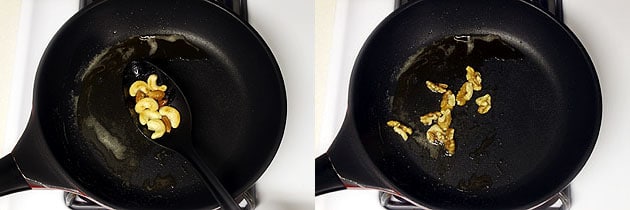 Collage of 2 images showing frying walnuts.