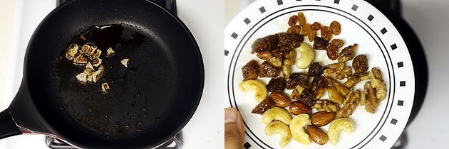 Collage of 2 images showing frying figs and all fried nuts and fruits in a plate.