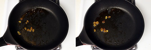 Collage of 2 images showing frying raisins.