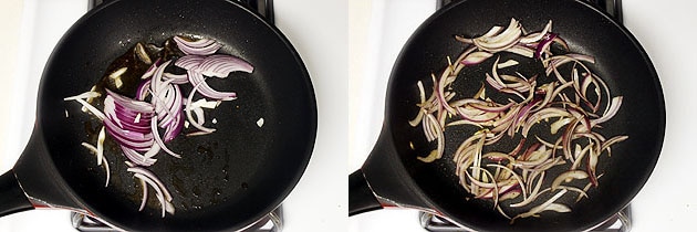 Collage of 2 images showing cooking onion slices.