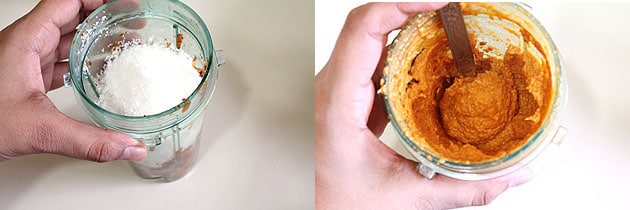 Collage of 2 images showing cooked mixture in a grinder with coconut and paste.