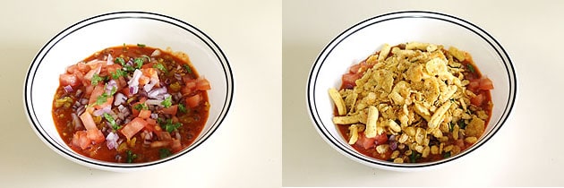 Collage of 2 images showing topped with onion, tomato, cilantro and farsaan.