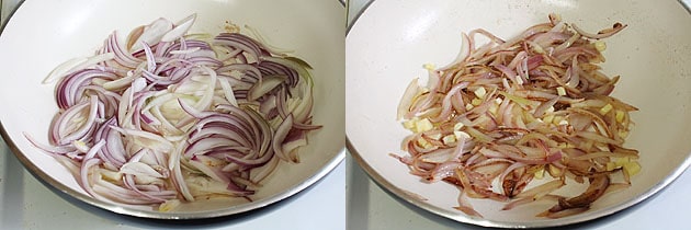 Collage of 2 images showing cooking onion slices.