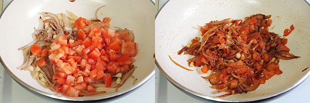 Collage of 2 images showing adding and cooking tomato.