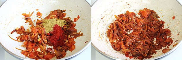 Collage of 2 images showing adding and mixing spice powders.