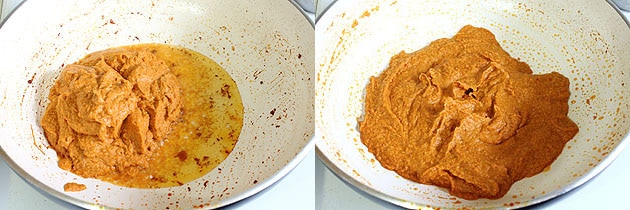 Collage of 2 images showing cooking paste in the oil.