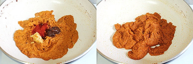 Collage of 2 images showing adding chili powder, jaggery and tamarind paste and mixed.