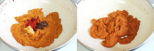 Collage of 2 images showing adding chili powder, jaggery and tamarind paste and mixed.