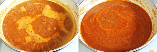 Collage of 2 images showing simmering gravy.