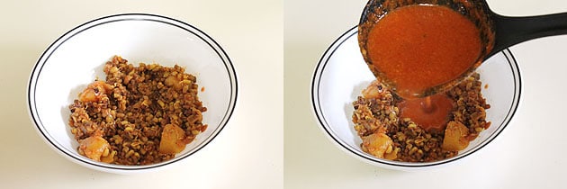 Collage of 2 images showing a bowl of matki usal, puring kat.