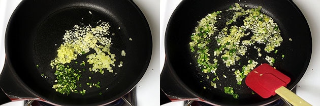 Collage of 2 images showing sauteing ginger, garlic, green chili, celery.