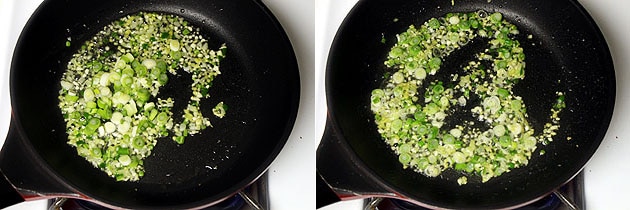 Collage of 2 images showing adding spring onions.