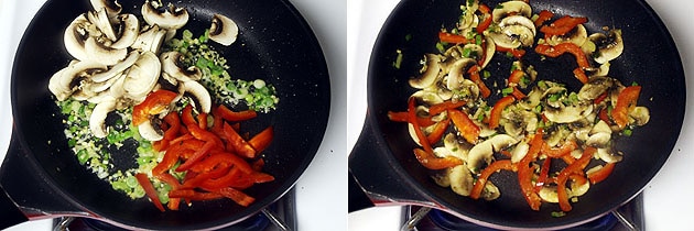 Collage of 2 images showing adding and cooking mushrooms and peppers.