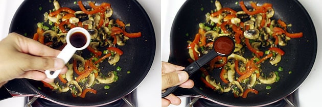 Collage of 2 images showing adding soy sauce and chili sauce.