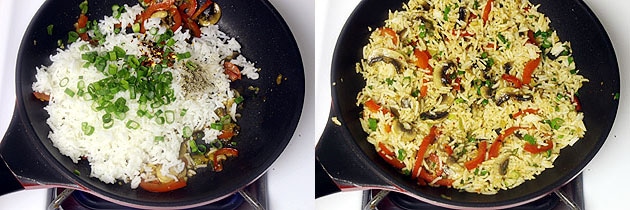 Collage of 2 images showing adding rice, salt, pepper and spring onion and mixed.