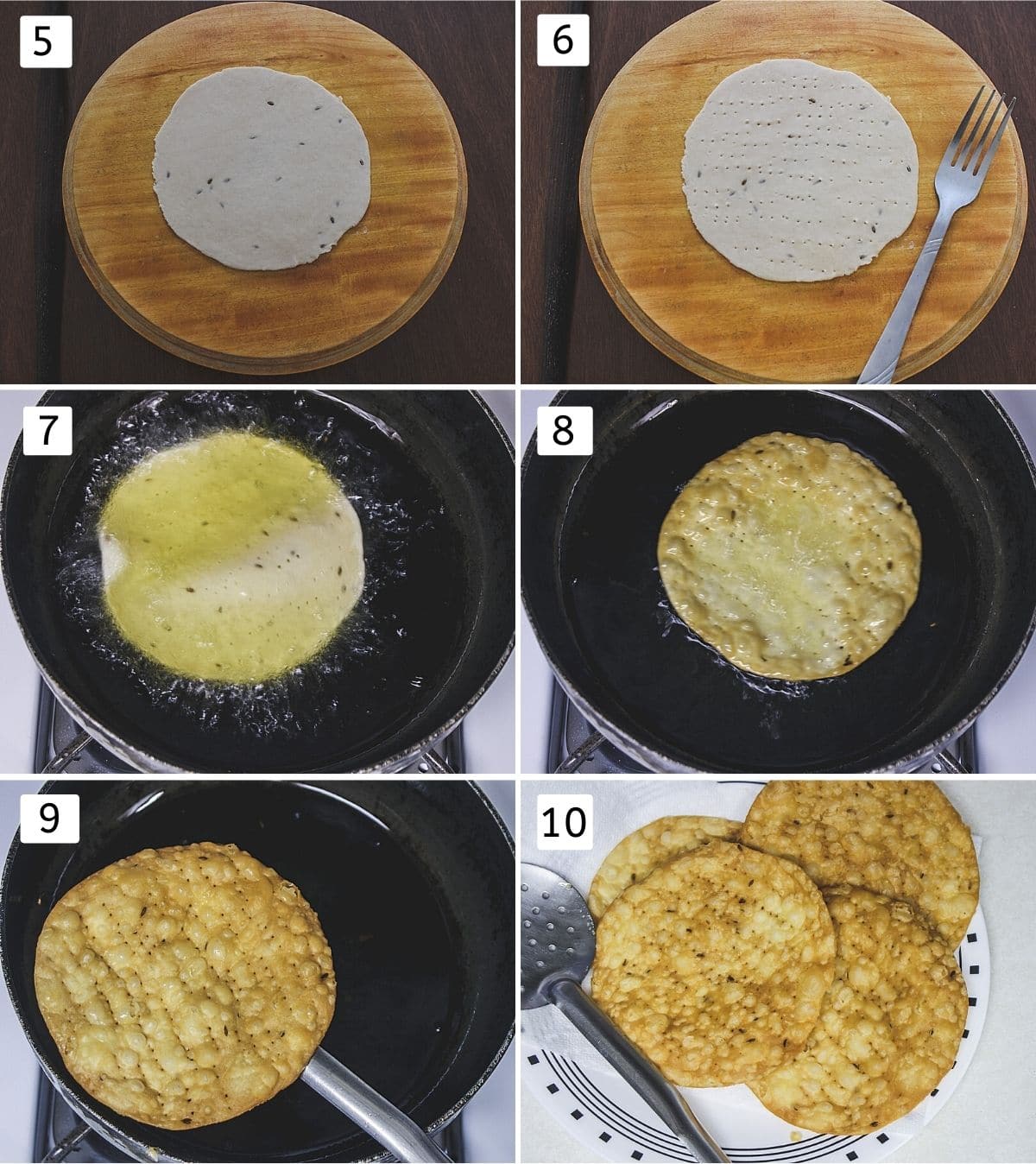 Collage of 6 images showing rolling and pricking pakwan, deep frying into oil an fried pakwan.