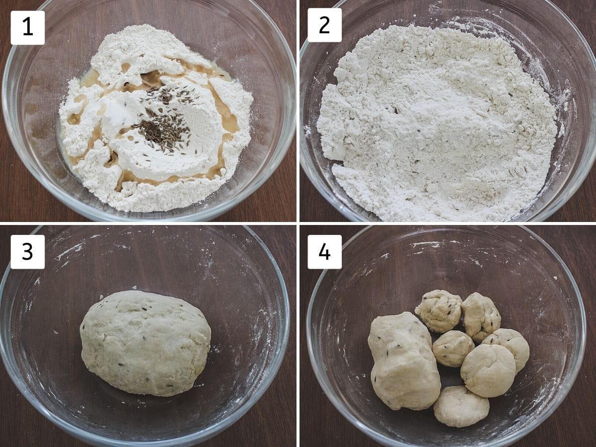 Collage of 4 images showing flour with ingredients in a bowl, kneading the dough and divided into portions.