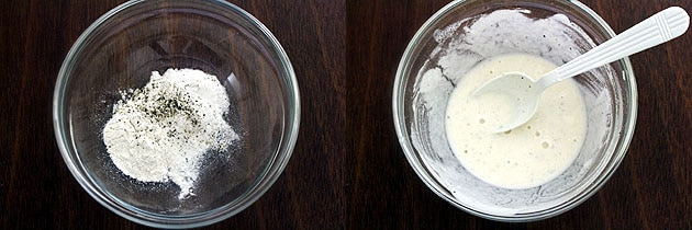 Collage of 2 images showing corn flour and all purpose flour in a bowl and batter is made.