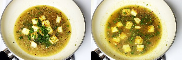 Collage of 2 images showing fried paneer, spring onion greens.