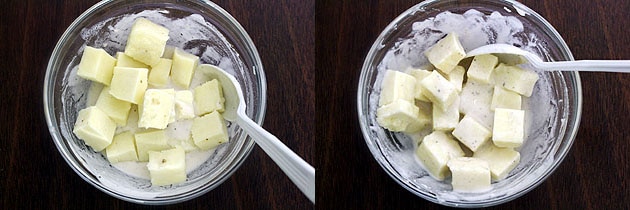 Collage of 2 images showing coating paneer with batter.