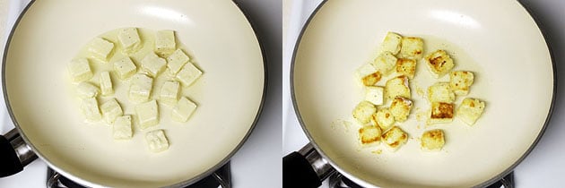 Collage of 2 images showing shallow frying paneer.