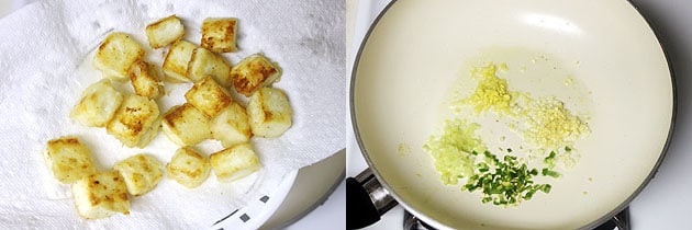 Collage of 2 images showing fried paneer in a plate and sauteing ginger, garlic, chili and celery.