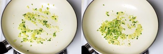 Collage of 2 images showing adding spring onion greens.