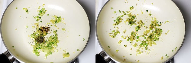 Collage of 2 images showing adding black pepeer and chili flakes.