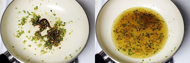 Collage of 2 images showing adding soy sauce and water.