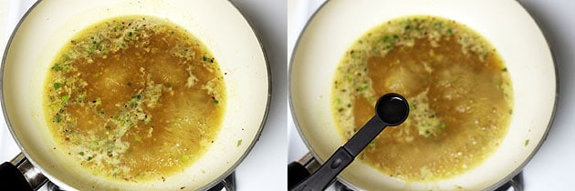 Collage of 2 images showing adding cornstarch slurry and, adding vinegar.
