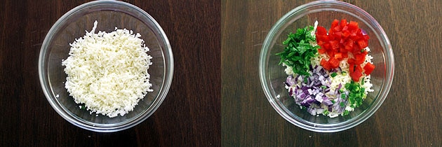 Collage of 2 images showing paneer in a bowl and adding veggies.