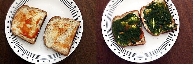 Collage of 2 images showing applying butter, ketchup and chutney.