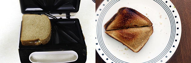 Collage of 2 images showing toasting in the toaster and ready sandwich.