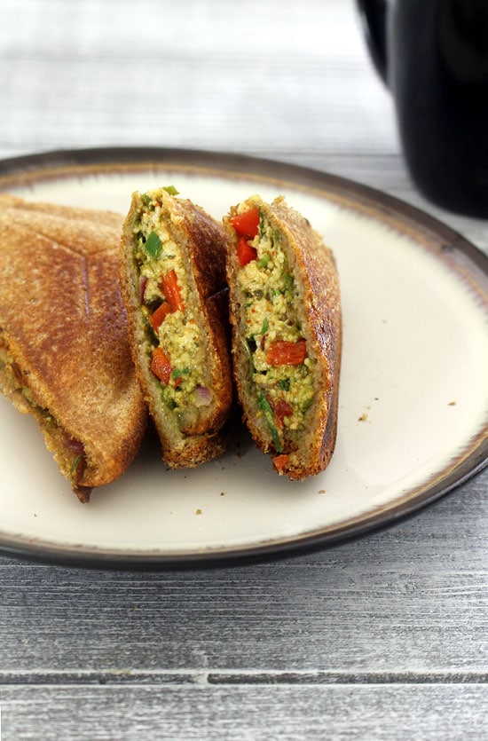 Paneer sandwich cut into half.