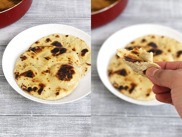 2 tandoori roti in a plate and showing a piece of the roti.