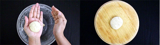 Collage of 2 images showing a small dough ball in a palm and on a rolling board.