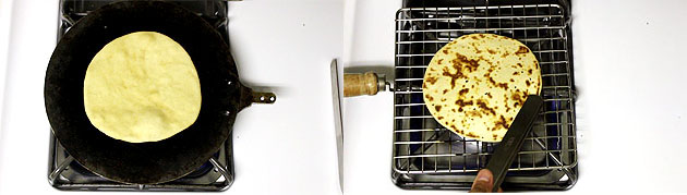 Collage of 2 images showing cooking roti on tawa and on a rack on direct flame.