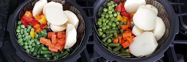 Collage of 2 images showing veggies in a steamer basket and cooked veggies.