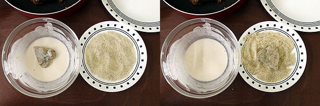 Collage of 2 images showing coating with a batter and then with breadcrumbs.