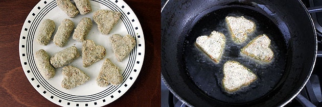 Collage of 2 images showing all cutlet are breaded and frying in the oil.