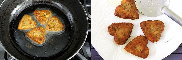 Collage of 2 images showing flipped and frying cutlet and ready cutlets in a plate.