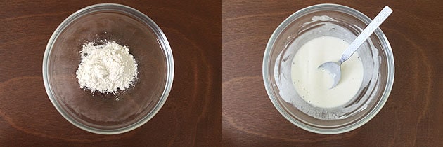 Collage of 2 images showing all purpose flour in a bowl and batter is made.