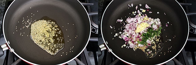 Collage of 2 images showing adding sesame seeds in the oil and adding onion.
